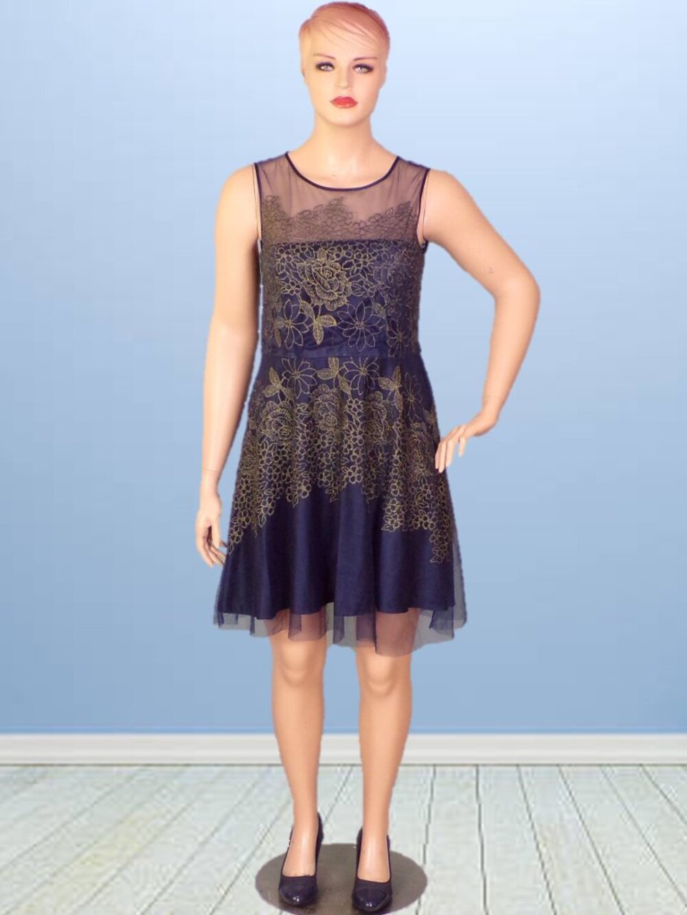 TAHARI ARTHUR S. LEVINE size 16 dark-blue/gold-metallic fit/flare party dress